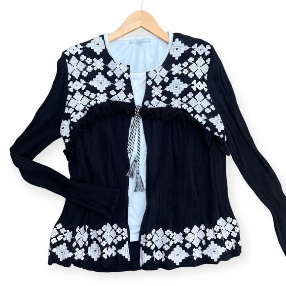 Black and white boho embroidered top with fringe, long sleeve, medium - Picture 6 of 8